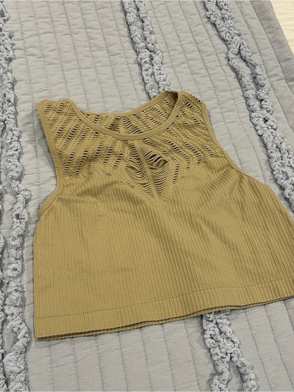 Yahada Tan Crochet-Yoke Ribbed Crop Tank